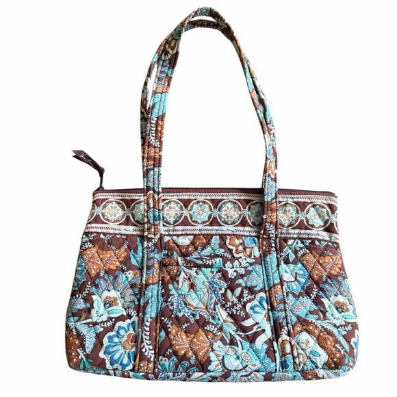 Vera Bradley Handbags - Vera Bradley Brown & Aqua Floral Quilted Shoulder Tote